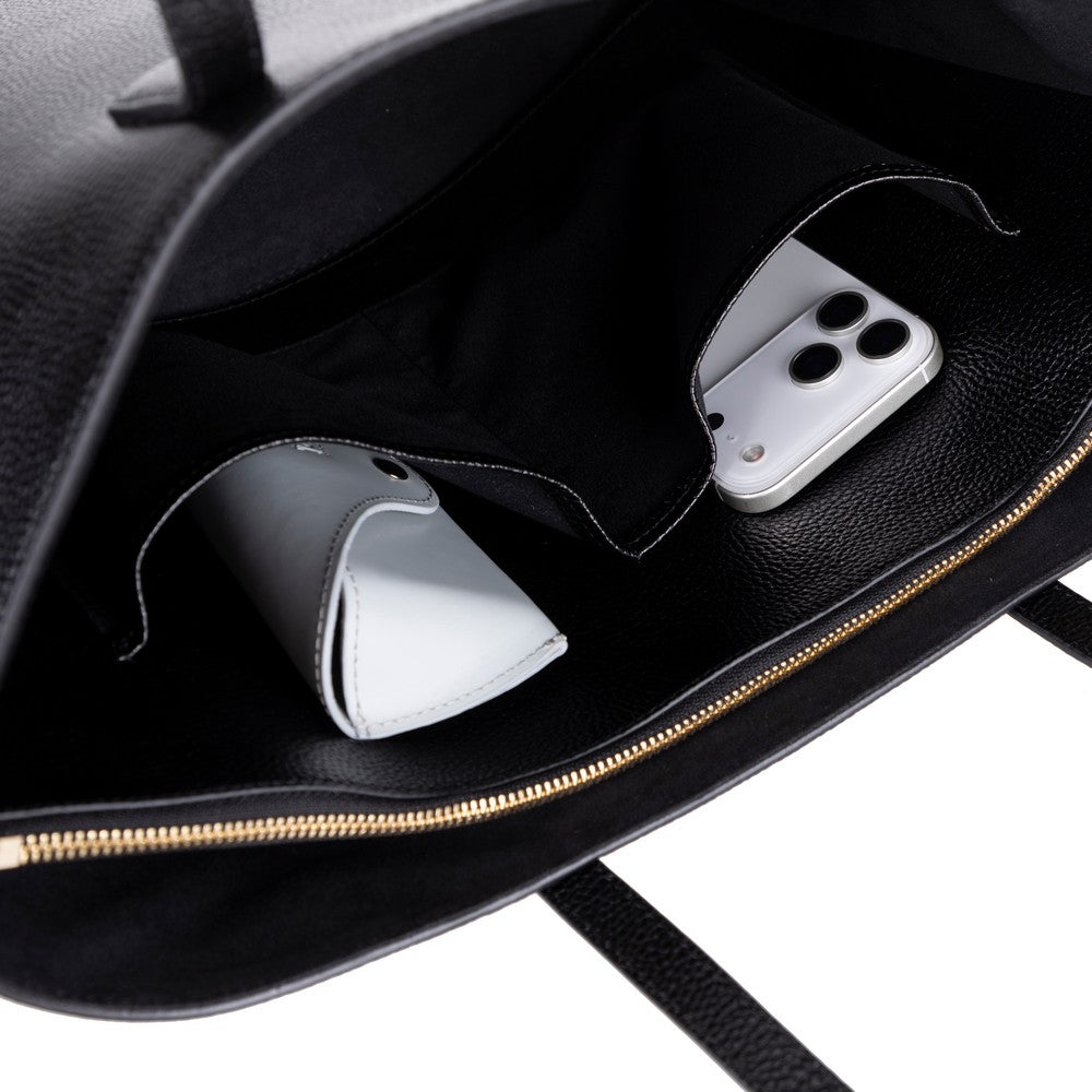 Black Mizuri Leather Solea Women's Bag with sleek leather design and spacious interior for everyday use.