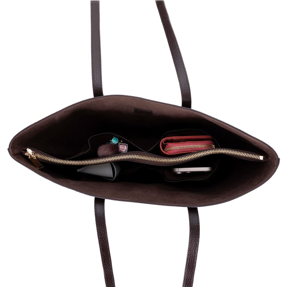 Black Mizuri Leather Solea Women's Bag with sleek design, featuring top handles and spacious interior for everyday use.
