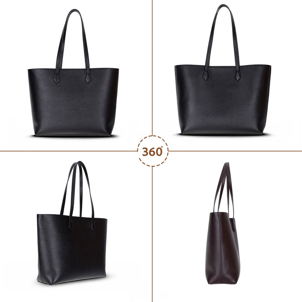 Black Mizuri Leather Solea Women's Bag showing sleek leather exterior with top handle and spacious interior.