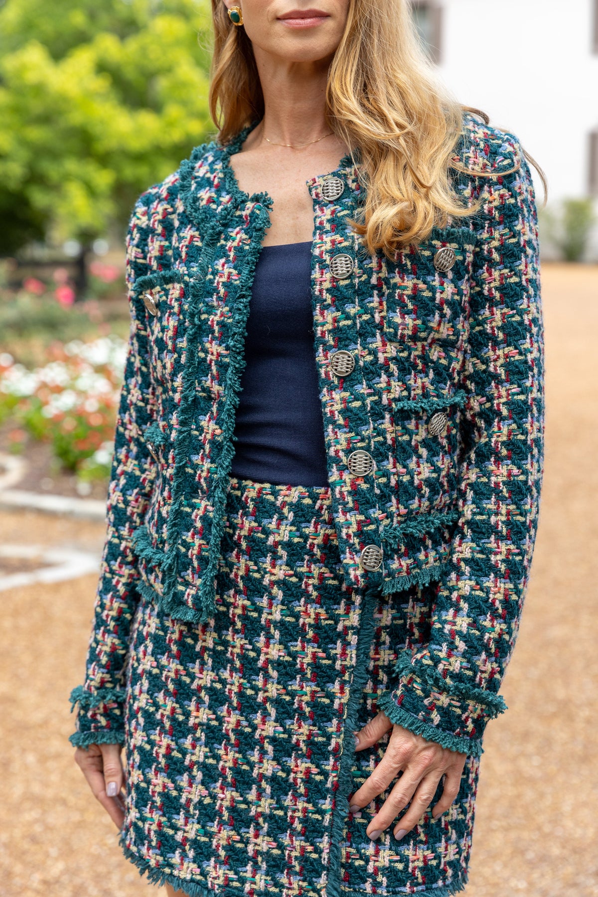 Modafleur Jackie Tweed Skirt in classic tweed fabric, stylish clothing for a sophisticated look.