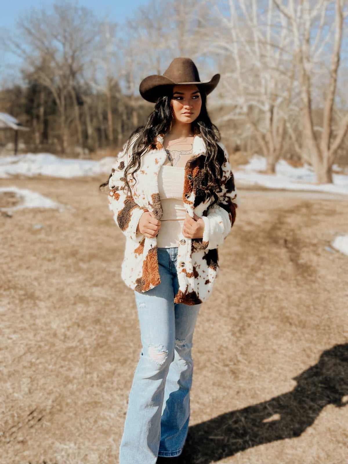My Pampered Life Seattle Miss Sparkling cow print sherpa jacket in regular size, cozy and stylish for cold weather.