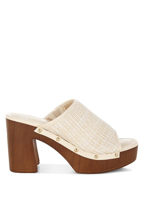 Marengo Raffia Wooden Clogs from My Pampered Life Seattle, showcasing woven raffia upper and wooden sole footwear.