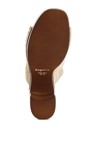 Marengo Raffia Wooden Clogs from My Pampered Life Seattle, showing the woven raffia upper and wooden sole.