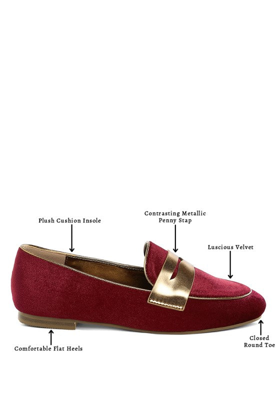 My Pampered Life Seattle Malta Penny Strap Velvet Loafers, close-up of stylish navy loafers with velvet finish and penny strap detail.