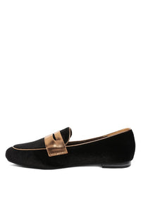 My Pampered Life Seattle Malta Penny Strap Velvet Loafers, close-up of stylish black velvet footwear with penny strap detail.