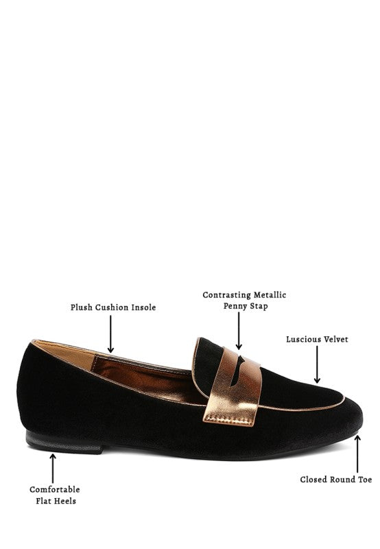 Malta Penny Strap Velvet Loafers by My Pampered Life Seattle, showcasing stylish navy velvet footwear with penny strap detail.