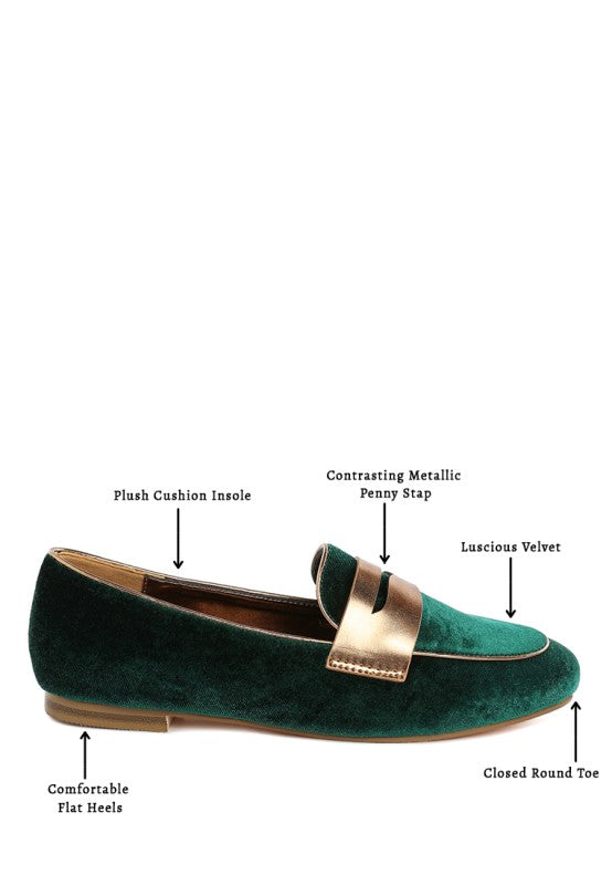 Malta Penny Strap Velvet Loafers by My Pampered Life Seattle, close-up of stylish black velvet loafers with penny strap detail.