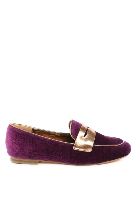 Malta Penny Strap Velvet Loafers by My Pampered Life Seattle, stylish footwear with velvet material and classic penny strap detail.