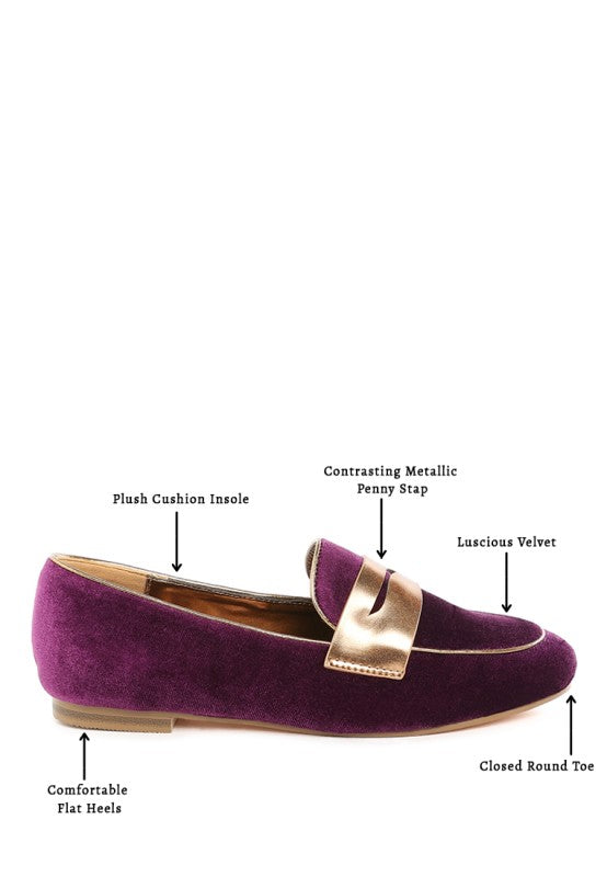 My Pampered Life Seattle Malta Penny Strap Velvet Loafers, close-up of stylish black loafers with penny strap detail and velvet texture.