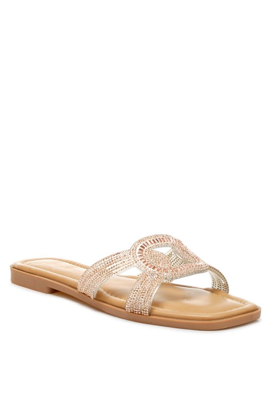 My Pampered Life Seattle Minople Rhinestones Embellished Flat Sandals with sparkling stone details and comfortable flat sole.