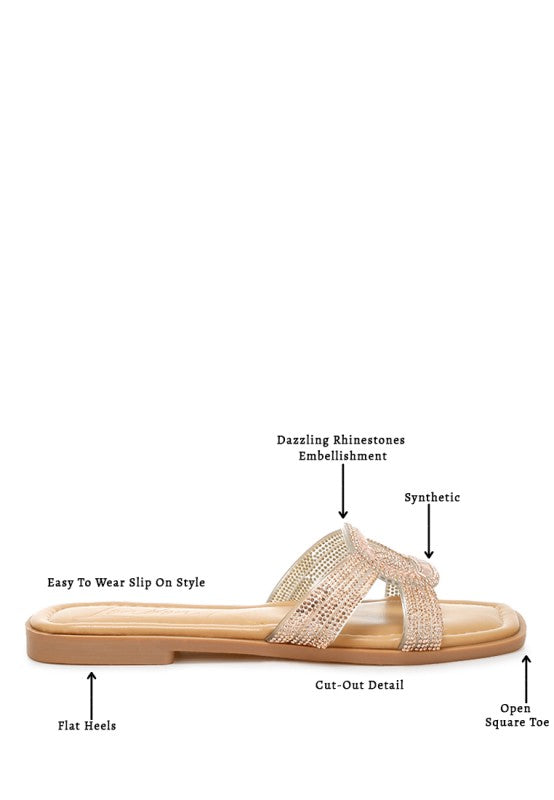 My Pampered Life Seattle Minople Rhinestones Embellished Flat Sandals with sparkling rhinestone details and comfortable flat sole.