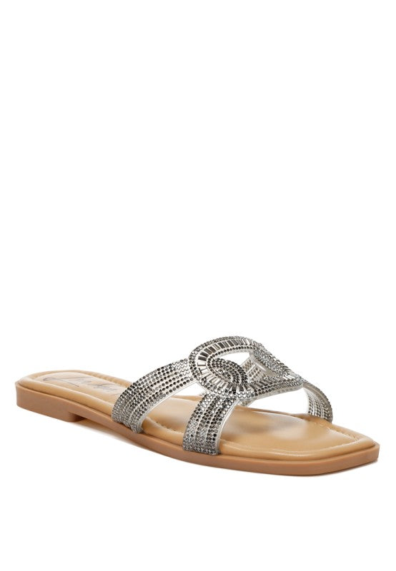 My Pampered Life Seattle rhinestone-embellished flat sandals with open toes and ankle straps, perfect for stylish summer footwear.