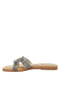 My Pampered Life Seattle Minople rhinestone embellished flat sandals with sparkling rhinestones and a comfortable flat sole.