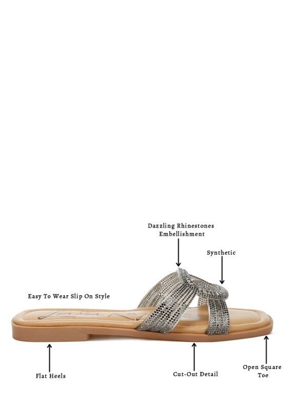 My Pampered Life Seattle Minople rhinestone-embellished flat sandals with open toes and adjustable ankle straps, stylish footwear for summer.