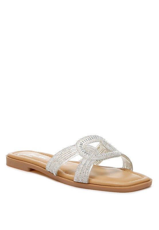 My Pampered Life Seattle Minople Rhinestones embellished flat sandals with sparkling rhinestone details and comfortable flat design.