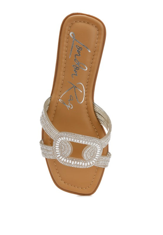 My Pampered Life Seattle Minople rhinestone-embellished flat sandals with colorful straps and a comfortable footbed.