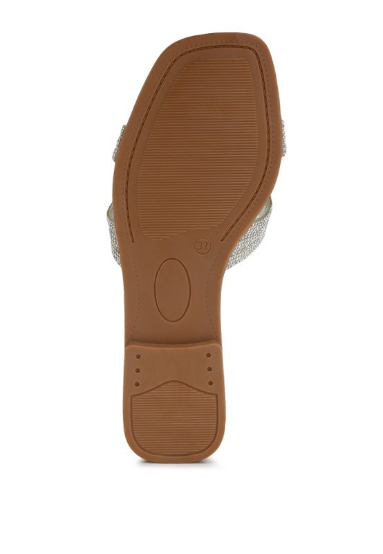 My Pampered Life Seattle Minople rhinestone-embellished flat sandals with open toes and ankle straps, casual footwear for women.