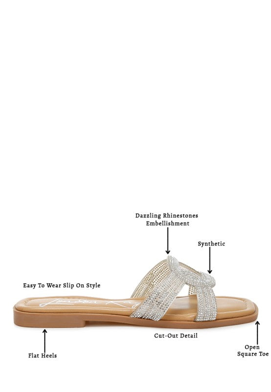 My Pampered Life Seattle Minople rhinestone-embellished flat sandals with open toes and ankle straps, stylish footwear for casual wear.