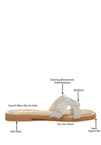 My Pampered Life Seattle Minople rhinestone-embellished flat sandals with open toes and ankle straps, stylish footwear for casual wear.