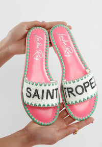 Luxe Getaway Beaded Saint Tropez Flat Slip Ons by My Pampered Life Seattle, featuring beaded detailing and slip-on design.