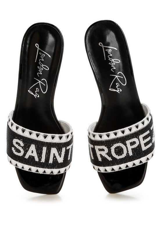 My Pampered Life Seattle Poshta Saint Tropez beaded slip-on heels with stylish design and elegant beaded detailing on footwear.
