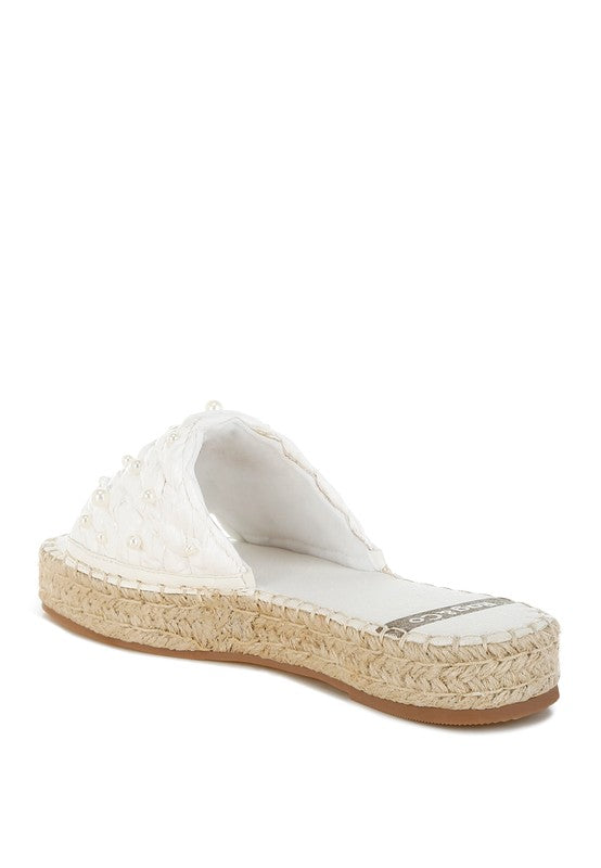 Yakna Pearl Embellished Woven Flats by My Pampered Life Seattle, showing close-up of pearl details and woven fabric design.