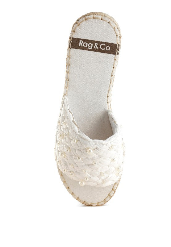 Yakna Pearl Embellished Woven Flats from My Pampered Life Seattle, stylish footwear with intricate woven design and pearl accents.