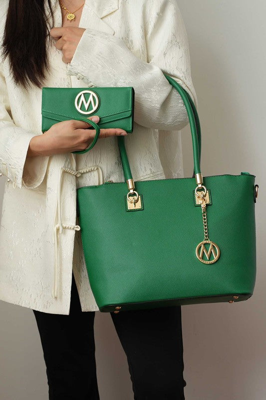 Beige MKF Vanessa tote and wallet set from Mia K in the 222 MKF Handbag Collection, featuring a spacious handbag with matching wallet.