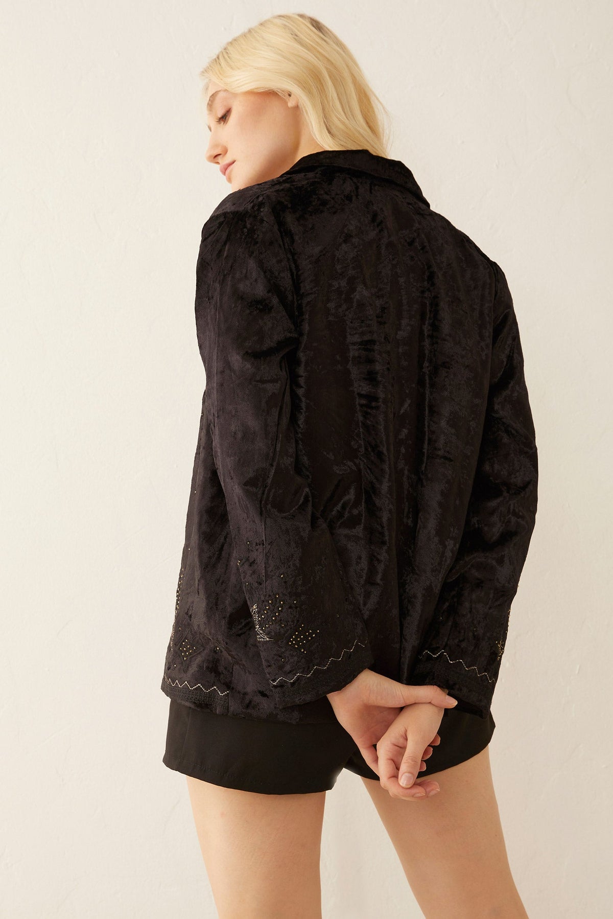 Black Night Star Jacket by Myra USA, small size, stylish apparel with star pattern, displayed on a hanger.