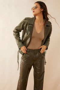 Myra USA Aansila leather jacket in Fern Grotto Green, stylish apparel with detailed stitching and a sleek fit.