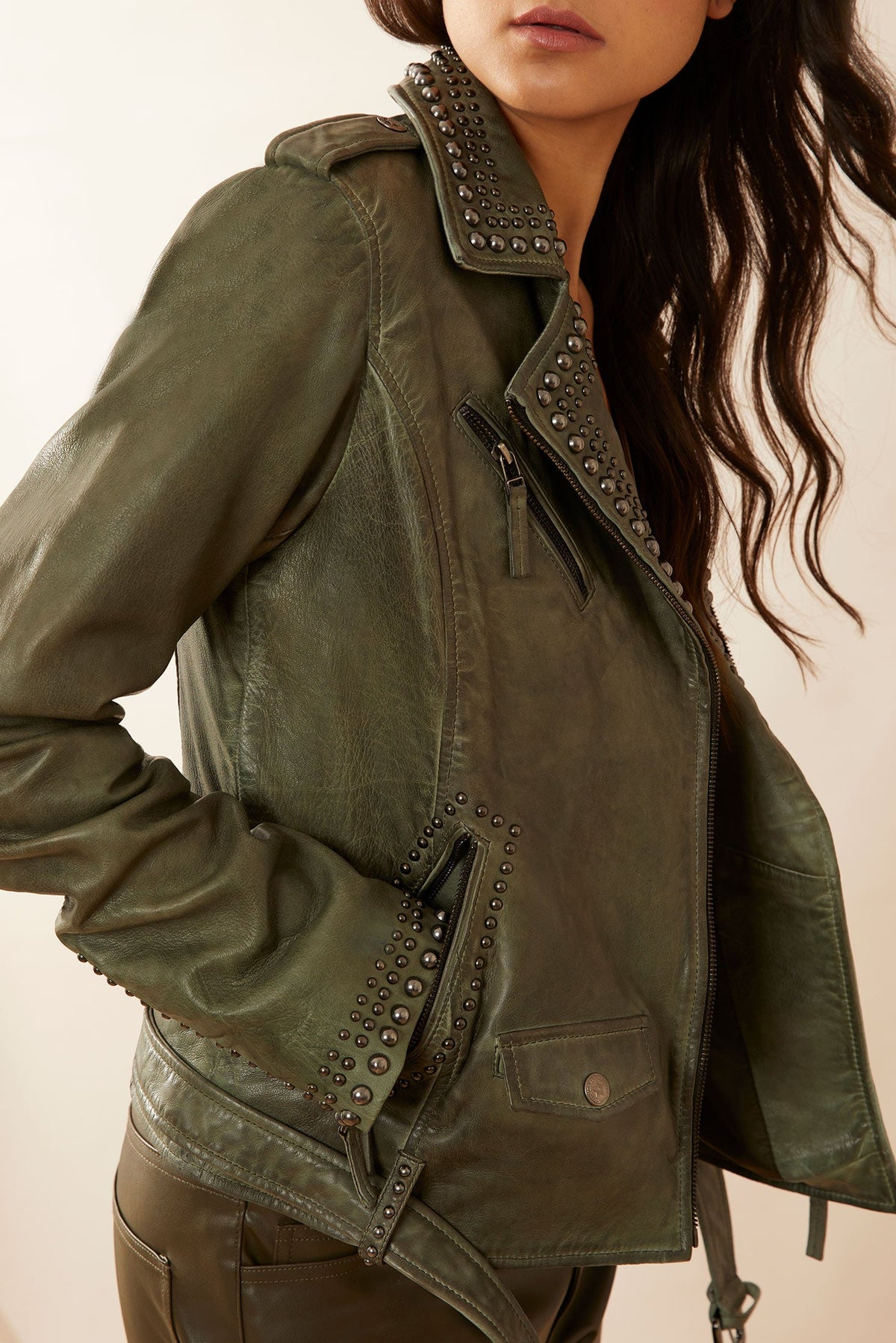 Myra USA Aansila leather jacket in Fern Grotto Green, stylish women's apparel with a sleek leather design.