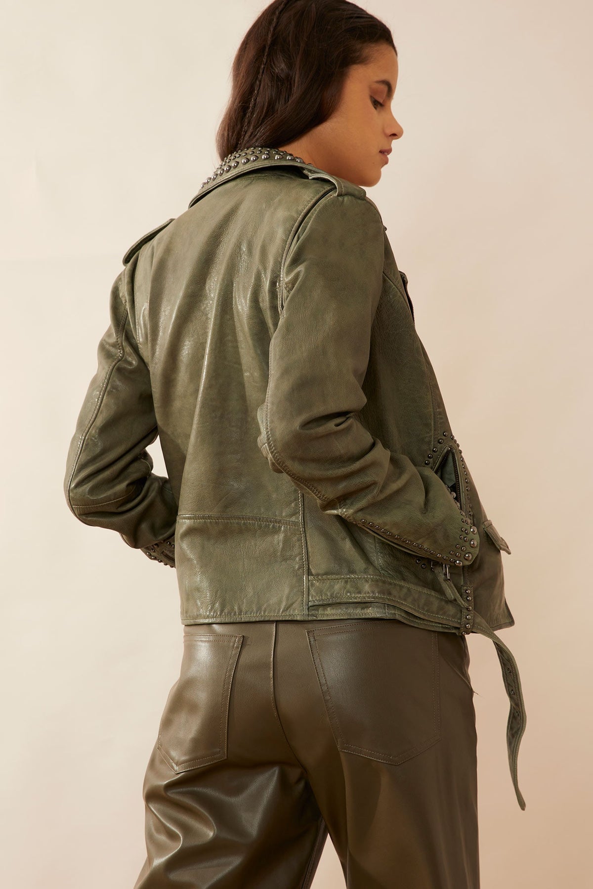 Myra USA Aansila Leather Jacket in Fern Grotto Green, stylish women's apparel with a sleek leather design and vibrant green color.