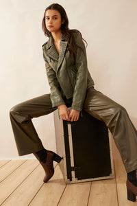 Myra USA Aansila leather jacket in Fern Grotto green with stylish design, perfect for casual and trendy outfits.