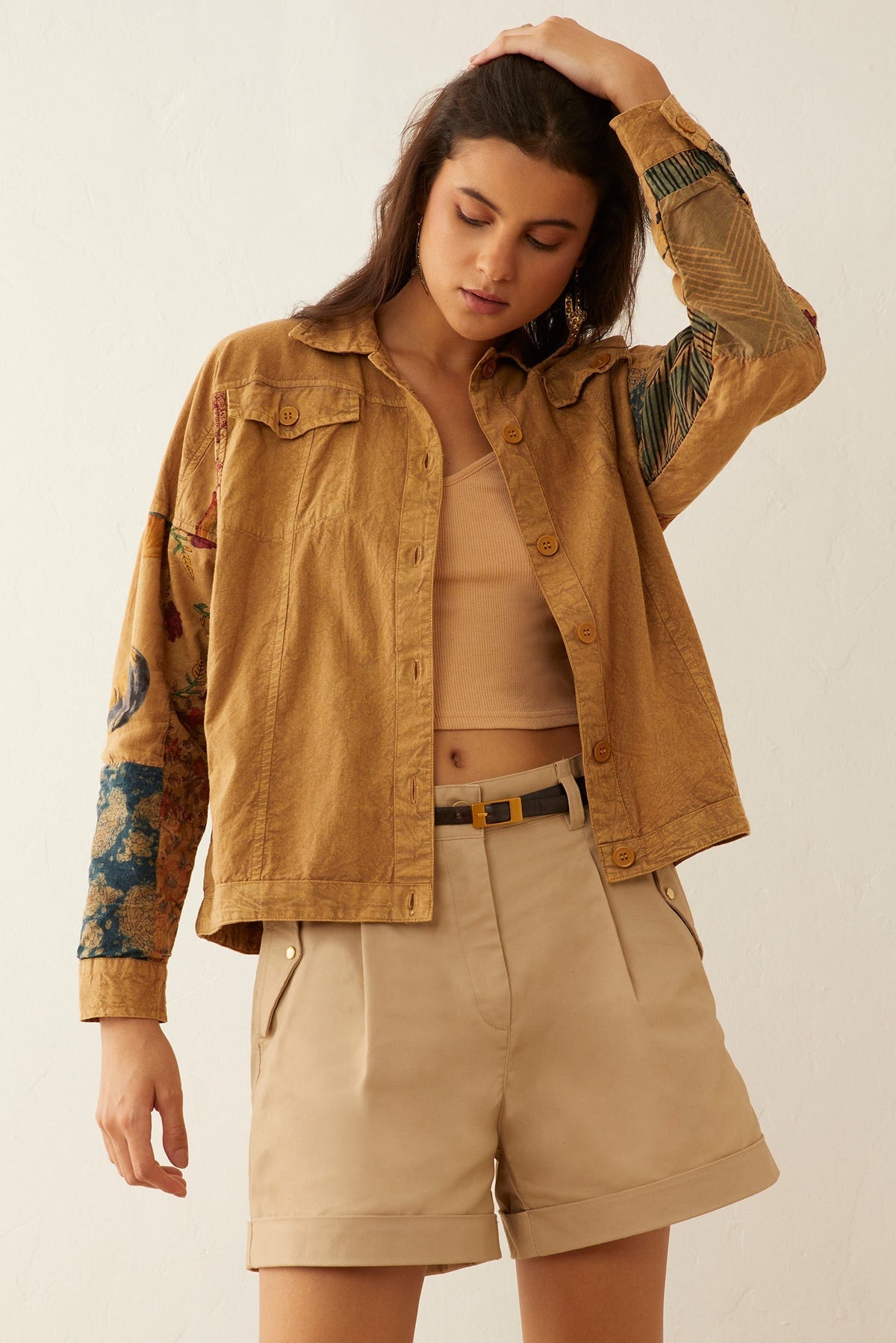 Myra USA Beth Marie patchwork jacket with colorful fabric panels, stylish and cozy outerwear for casual wear.