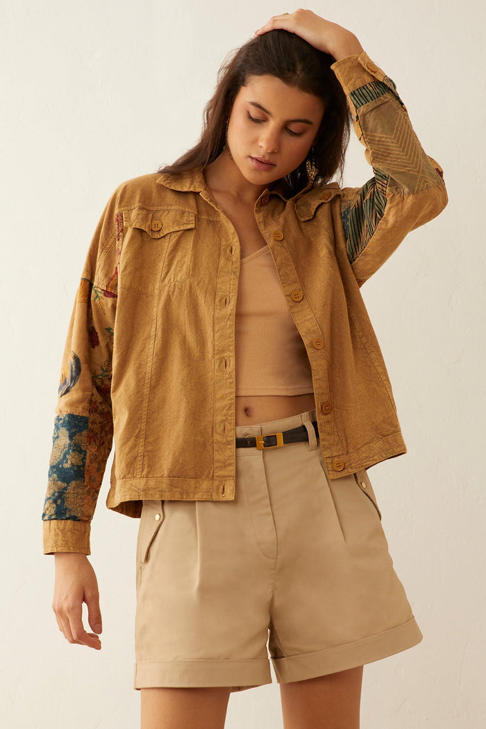 Myra USA Beth Marie patchwork jacket with colorful fabric panels, stylish and cozy outerwear for casual wear.