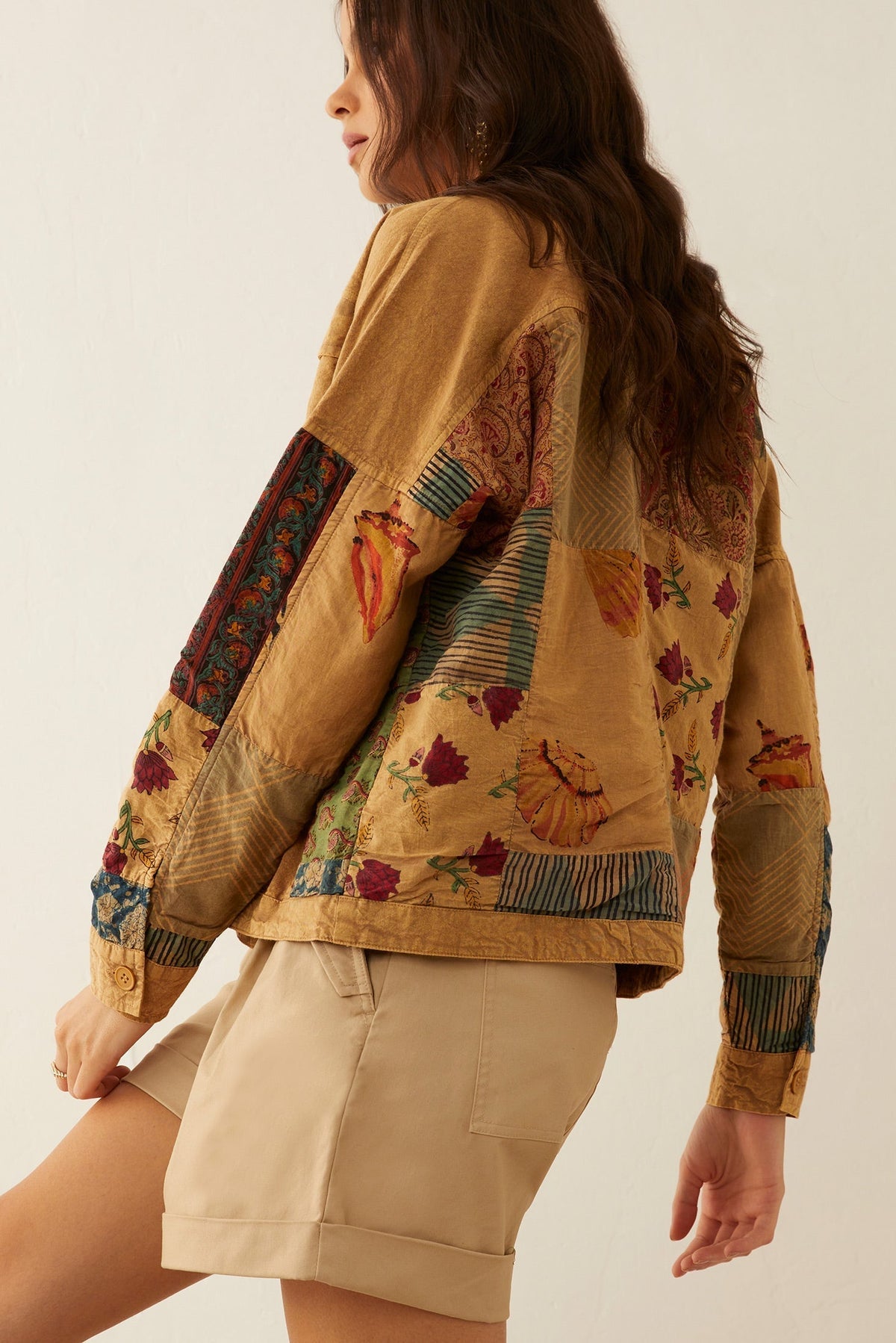 Myra USA Beth Marie patchwork jacket featuring colorful fabric patchwork and a stylish, casual design.
