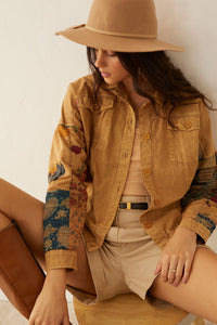 Myra USA Beth Marie patchwork jacket featuring mixed fabric patterns and a stylish, casual design for women.
