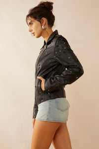 Myra USA Brittany Shy Leather Jacket for women, stylish black leather apparel with a fitted design and classic collar detail.