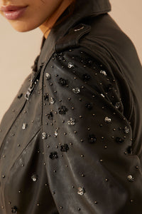 Myra USA Brittany Shy leather jacket for women, featuring a sleek black design and classic collar detail.