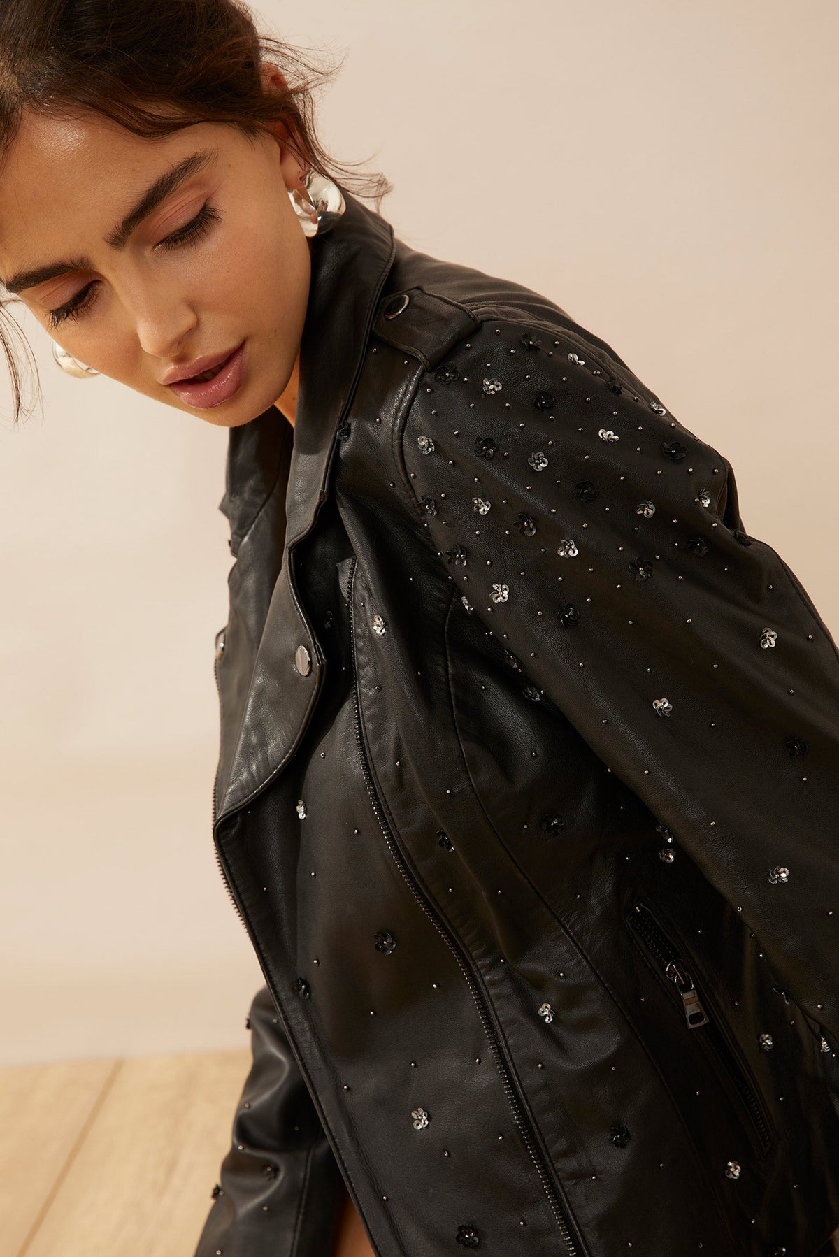 Myra USA Brittany Shy Leather Jacket for women, stylish black leather apparel with sleek design and classic fit.