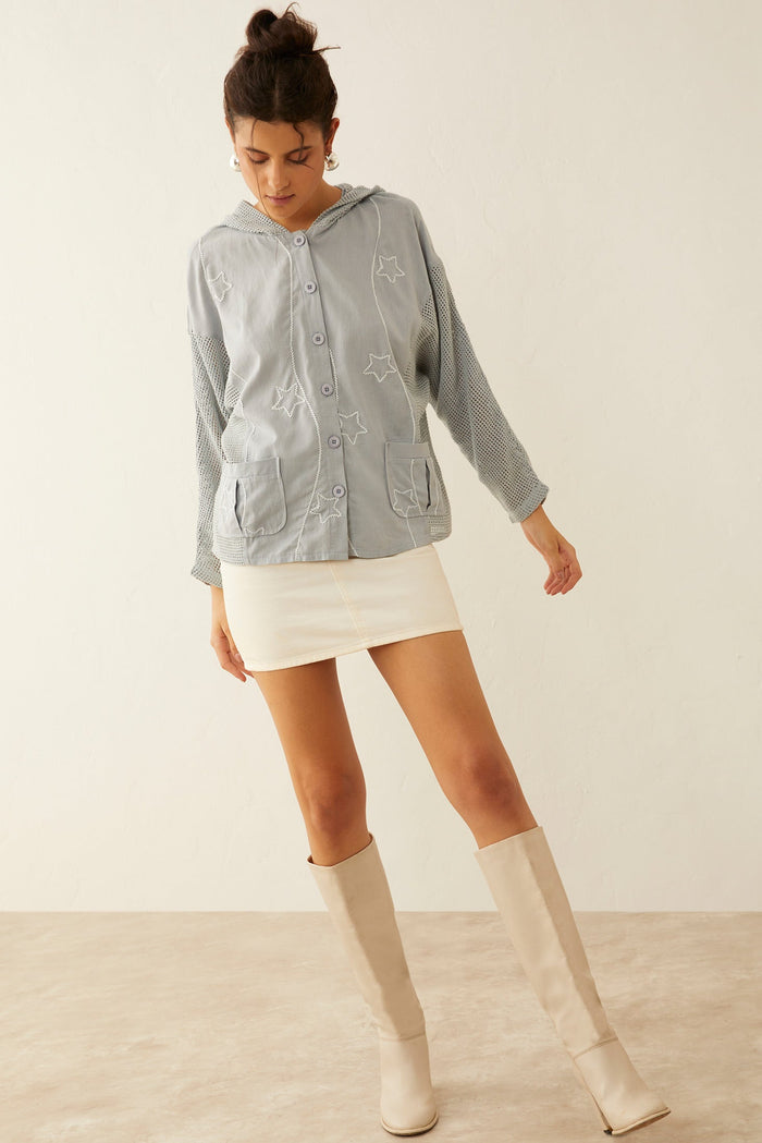 Myra USA Cloudcroft Sky Hooded Jacket, lightweight outdoor apparel with a hood, in a sky blue color, suitable for casual wear.