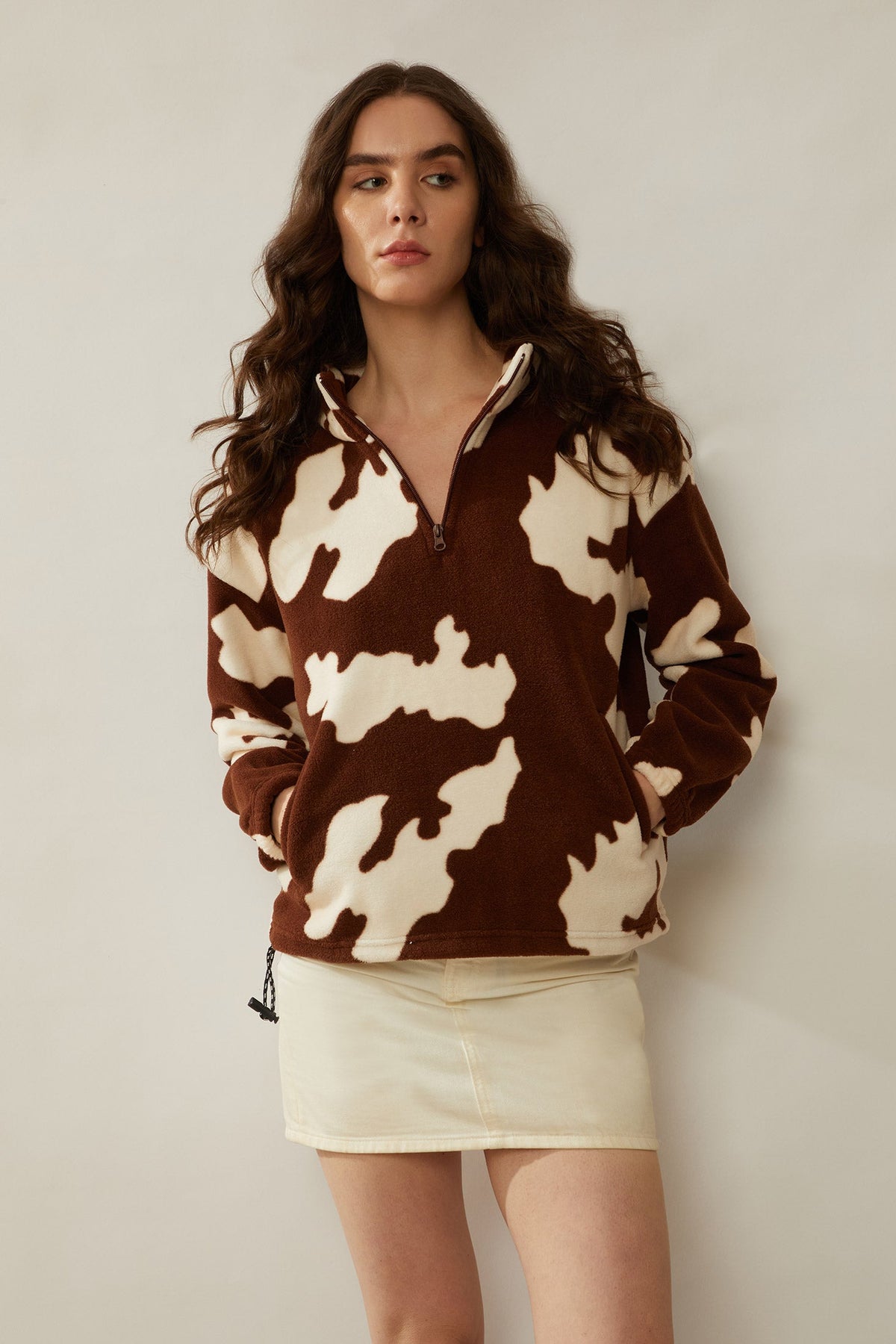 Myra USA Cuddly Cow fleece jacket in cozy, soft fabric with a cow print pattern, ideal for casual wear.