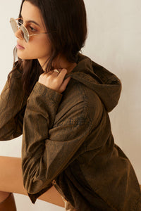 Deena Watson Hooded Patchwork Jacket by Myra USA, featuring a stylish patchwork design and hood, displayed on a person.