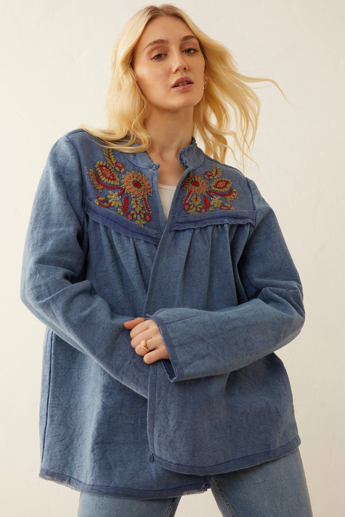 Myra USA Hazel Anne embroidered jacket featuring intricate floral embroidery on a stylish women’s apparel jacket.