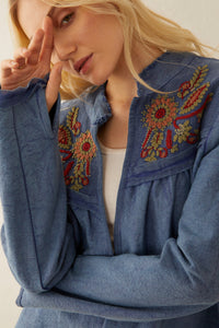 Myra USA Hazel Anne embroidered jacket featuring detailed floral embroidery and a stylish, casual design.