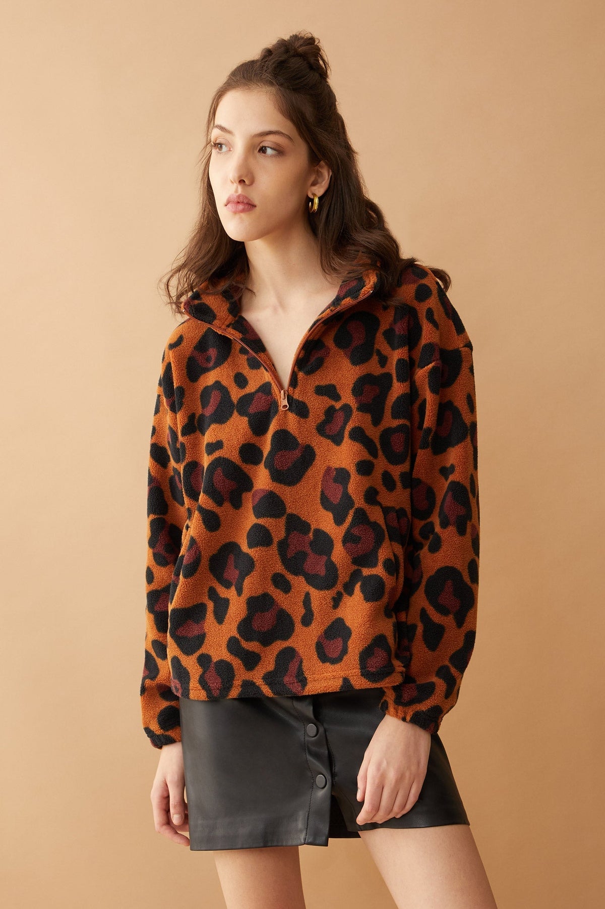 Myra USA Maren high collar jacket in animal print, stylish apparel with a bold pattern and cozy high neckline.