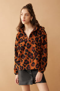 Myra USA Maren high collar jacket in animal print, stylish apparel with a bold pattern and cozy high neckline.