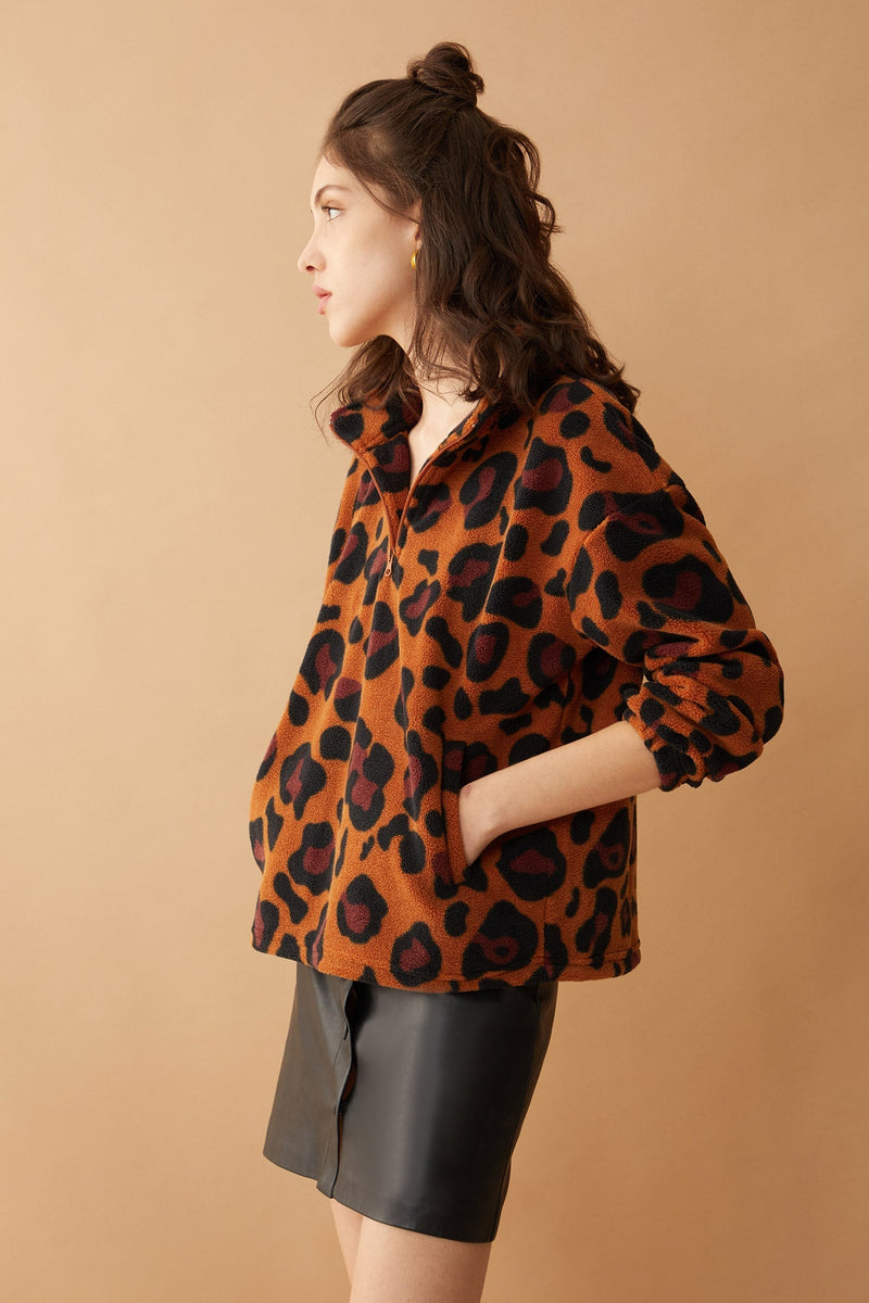 Myra USA Maren high collar jacket in animal print, stylish women’s apparel with a bold, fashionable pattern.