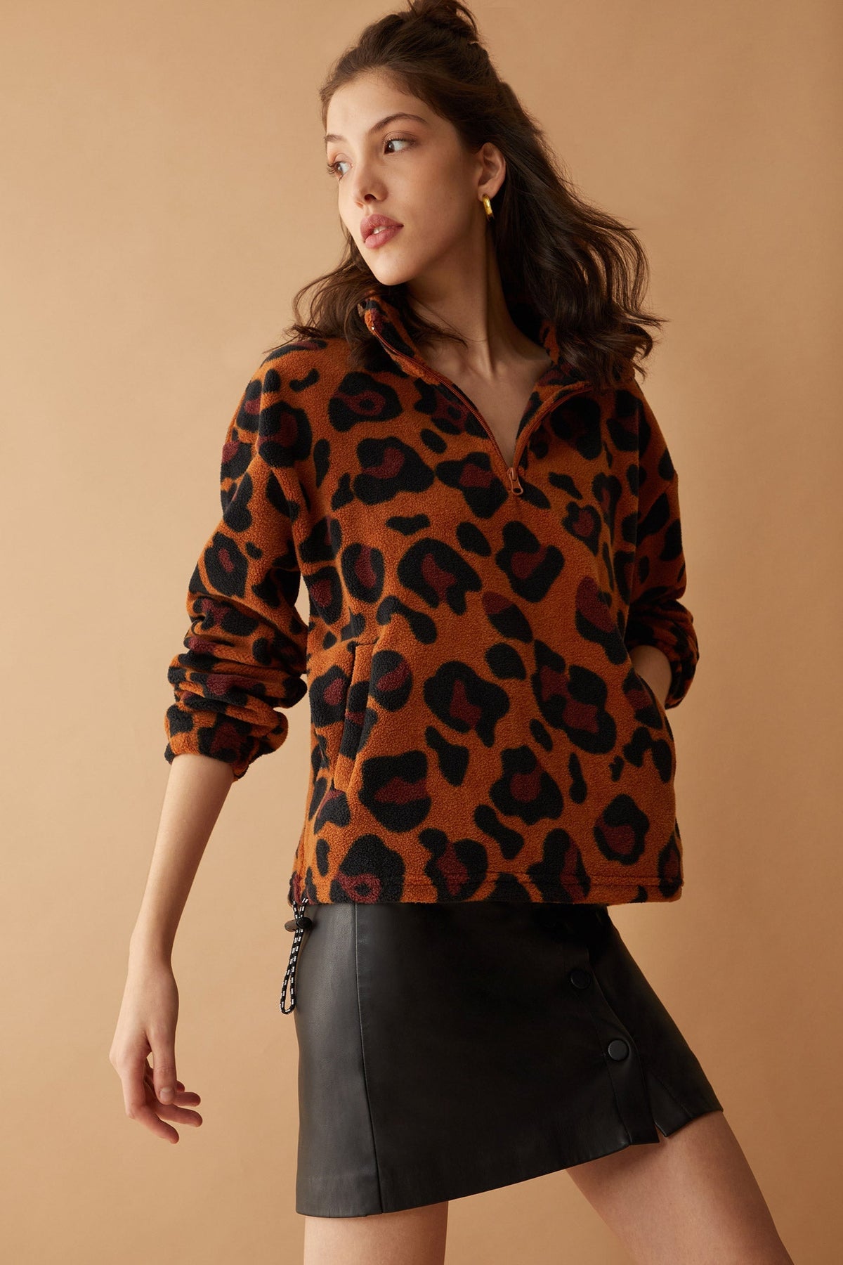 Myra USA Maren high collar jacket in animal print, stylish women's outerwear with a bold, trendy pattern.