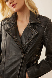Myra USA Stella Starr leather jacket displayed on a hanger, showcasing its stylish design and smooth black leather material.